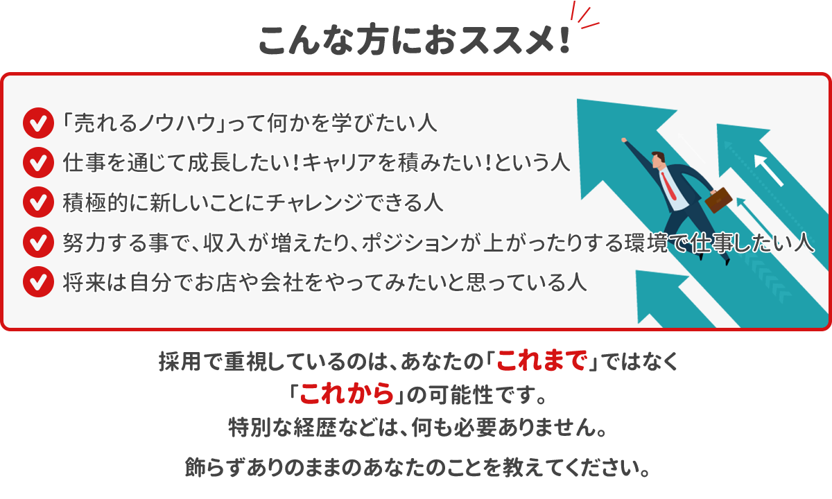 こんな方にオススメです。・何がしたいかまだよくわからないけど、自分の可能性を見つけたい方・スピード感のある会社で、成長を実感したい方・積極的に新しいことにチャレンジできる方・仕事を通じて人脈を広げたい方・海外に興味がある方採用で重視しているのは、あなたの「これまで」ではなく「これから」の可能性です。特別な経歴などは、何も必要ありません。飾らずありのままのあなたのことを、教えてください。