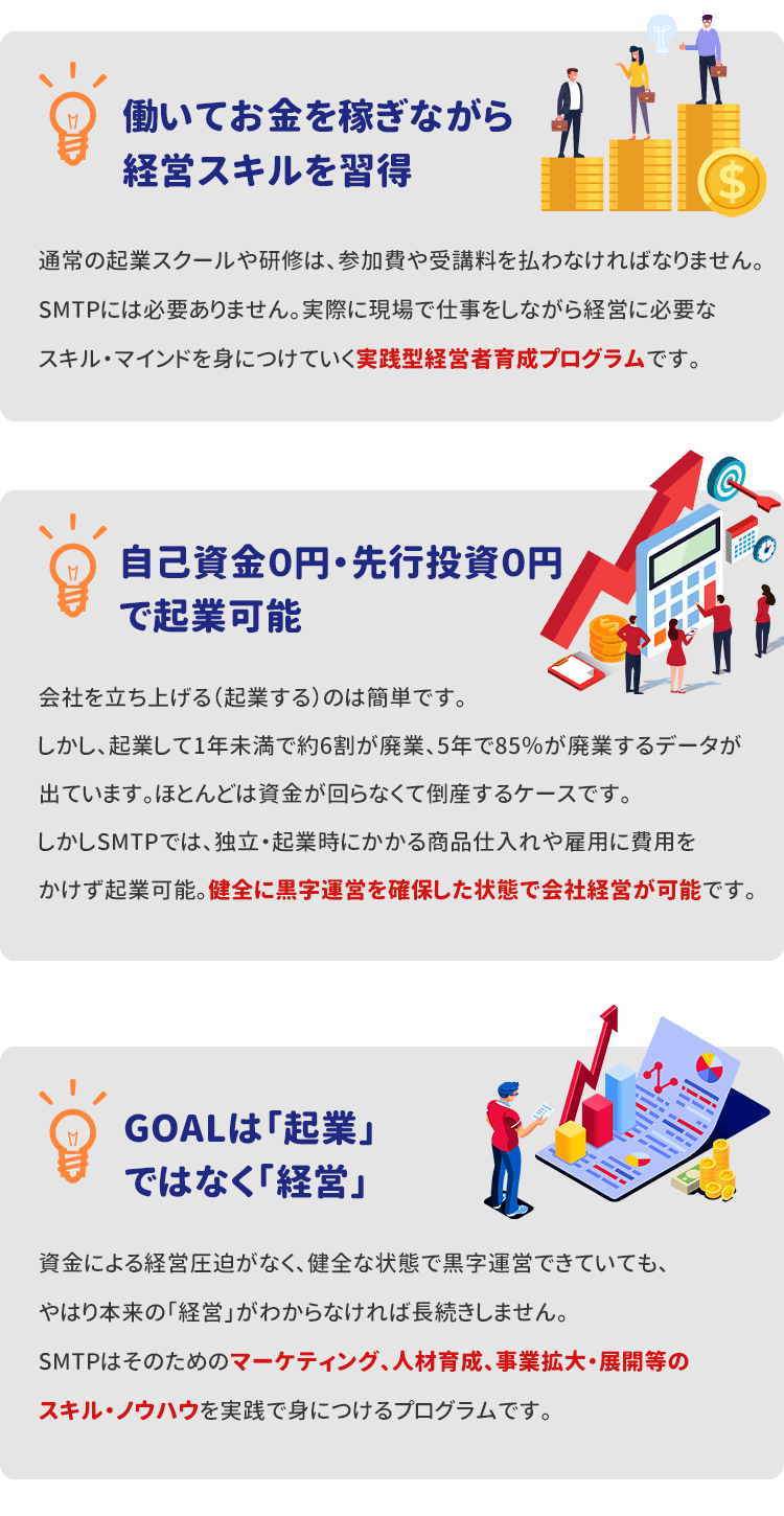働いてお金を稼ぎながら経営スキルを習得　自己資金ゼロから起業を目指せる　GOALは「起業」ではなく「経営」