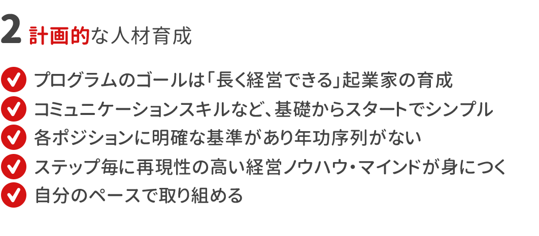 計画的な人材育成 ・プログラムのゴールは「長く経営できる」起業家の育成・コミュニケーションスキルなど、基礎からスタートでシンプル・各ポジションに明確な基準があり年功序列がない・ステップ毎に再現性の高い経営ノウハウ・マインドが身につく・自分のペースで取り組める